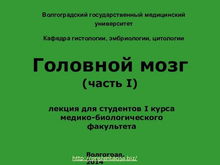 Волгоградский государственный медицинский университет  Кафедра гистологии, эмбриологии, цитологии Головной мозг (часть