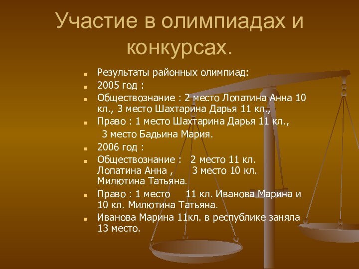 Участие в олимпиадах и конкурсах.Результаты районных олимпиад:2005 год :Обществознание : 2 место