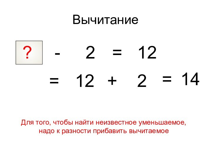 Вычитание2-=12?=+122=14Для того, чтобы найти неизвестное уменьшаемое, надо к разности прибавить вычитаемое