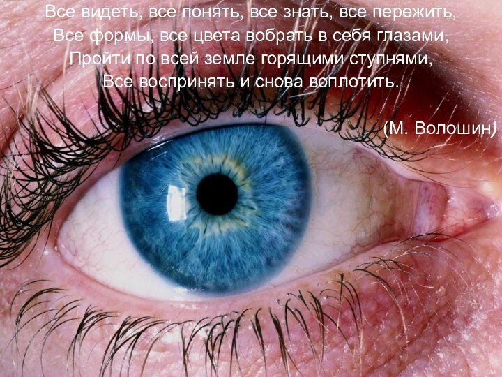 Все видеть, все понять, все знать, все пережить,Все формы, все цвета вобрать