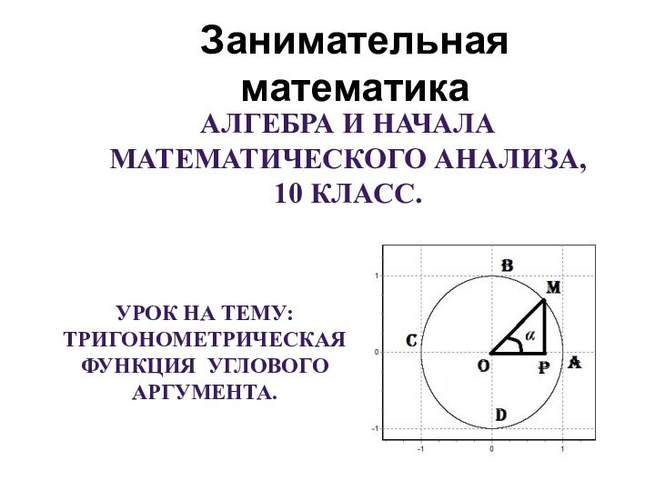 Занимательная математикаАлгебра и начала математического анализа, 10 класс.Урок на тему:Тригонометрическая функция Углового аргумента.