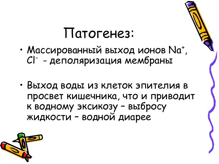 Патогенез:Массированный выход ионов Na+, Cl- - деполяризация мембраныВыход воды из клеток эпителия