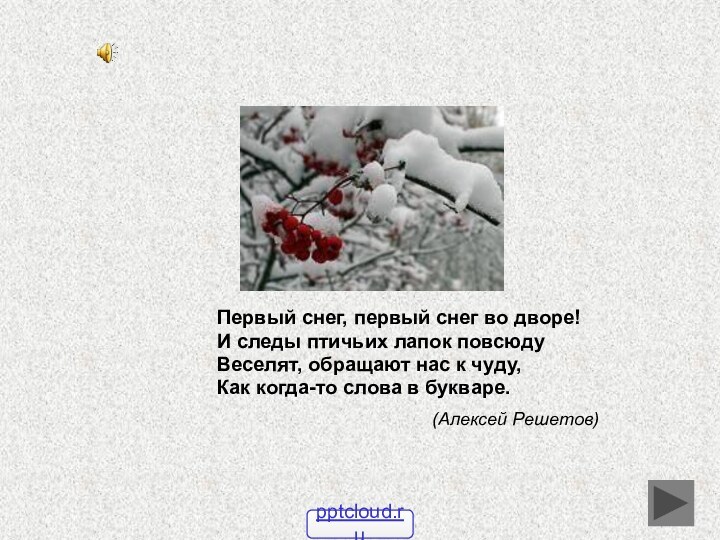 Первый снег, первый снег во дворе!И следы птичьих лапок повсюдуВеселят, обращают нас