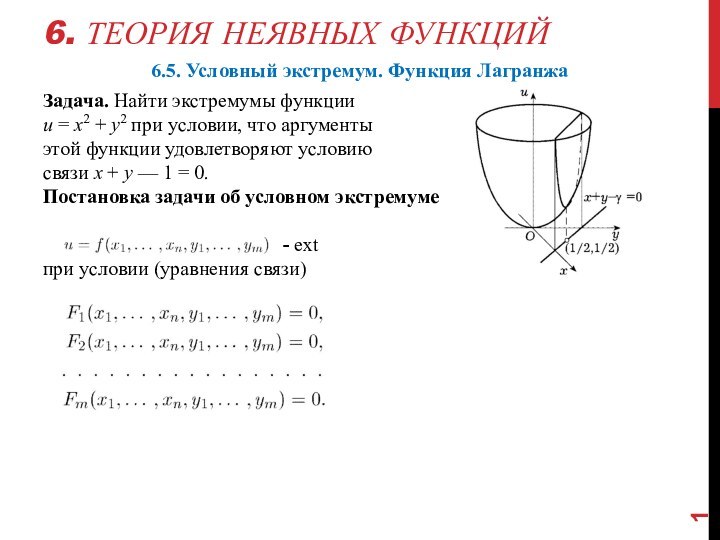 6. Теория неявных функций6.5. Условный экстремум. Функция Лагранжа Задача. Найти экстремумы функции