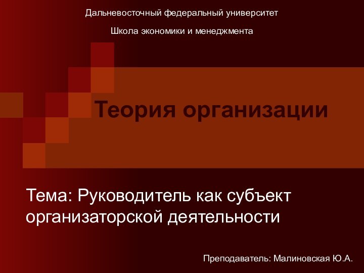 Тема: Руководитель как субъект организаторской деятельностиТеория организацииДальневосточный федеральный университетШкола экономики и менеджментаПреподаватель: Малиновская Ю.А.