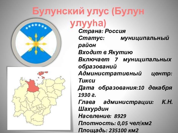 Страна: РоссияСтатус: муниципальный районВходит в ЯкутиюВключает 7 муниципальных образованийАдминистративный центр: ТиксиДата образования:10