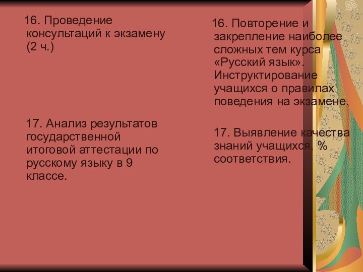 16. Проведение консультаций к экзамену (2 ч.)   17.