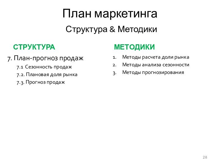 План маркетинга  Структура & МетодикиСТРУКТУРА7. План-прогноз продаж7.1 Сезонность продаж7.2. Плановая доля