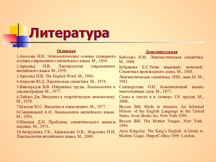 ЛитератураОсновная1.Амосова Н.Н. Этимологические основы словарного состава современного английского языка. М., 1956.2.Арнольд И.В.