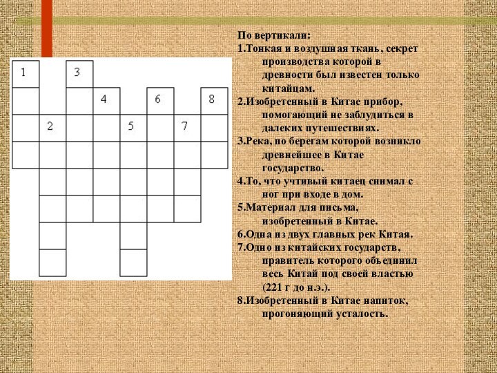 По вертикали: 1.Тонкая и воздушная ткань, секрет производства которой в древности был