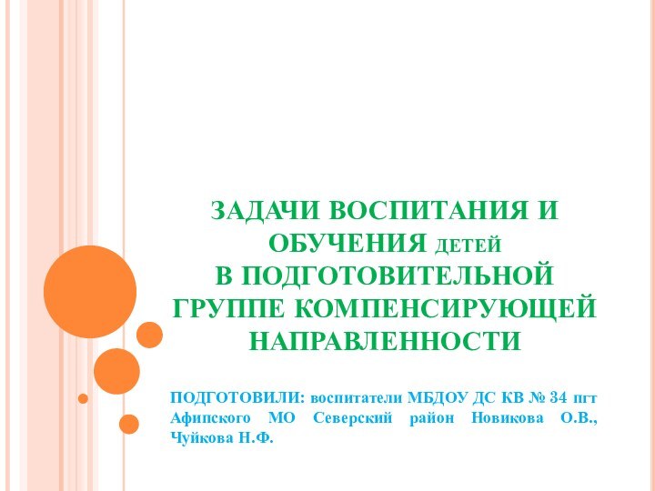 ЗАДАЧИ ВОСПИТАНИЯ И ОБУЧЕНИЯ детей В ПОДГОТОВИТЕЛЬНОЙ ГРУППЕ КОМПЕНСИРУЮЩЕЙ НАПРАВЛЕННОСТИПОДГОТОВИЛИ: воспитатели МБДОУ