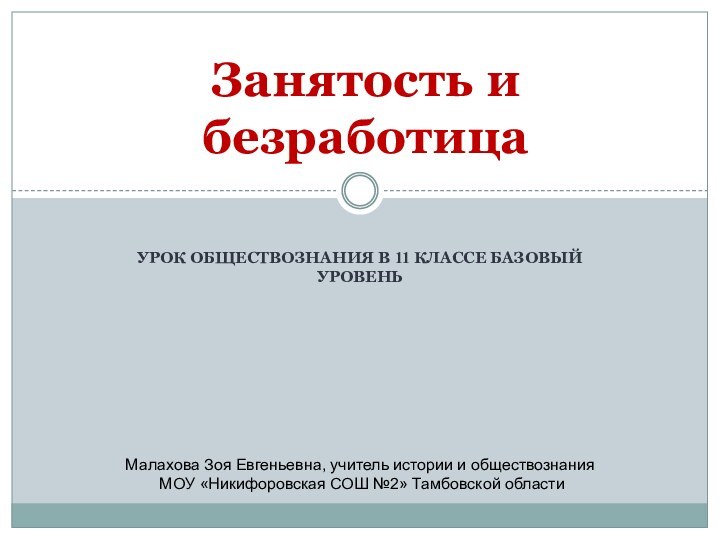 Урок обществознания в 11 классе базовый уровеньЗанятость и безработицаМалахова Зоя Евгеньевна, учитель