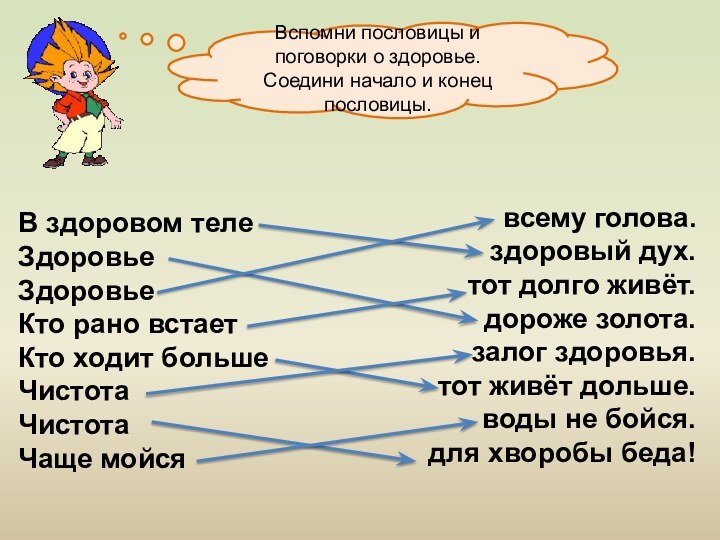 В здоровом телеЗдоровьеЗдоровьеКто рано встаетКто ходит большеЧистотаЧистотаЧаще мойсяВспомни пословицы и поговорки о