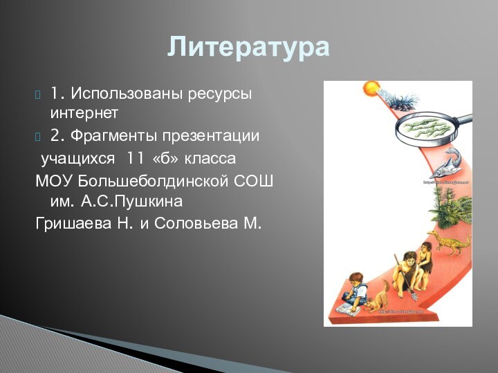 1. Использованы ресурсы интернет2. Фрагменты презентации учащихся 11 «б» класса МОУ Большеболдинской