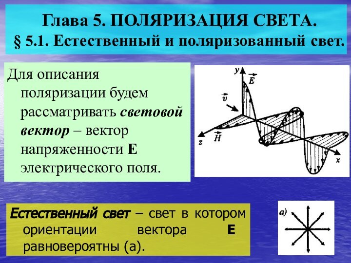 Глава 5. ПОЛЯРИЗАЦИЯ СВЕТА. § 5.1. Естественный и поляризованный свет.Для описания поляризации