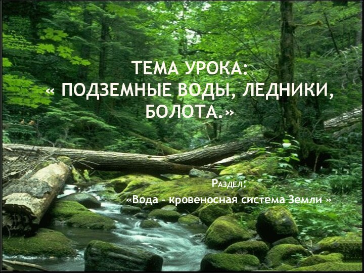 тема урока: « подземные воды, ледники, болота.»Раздел: «Вода – кровеносная система Земли »