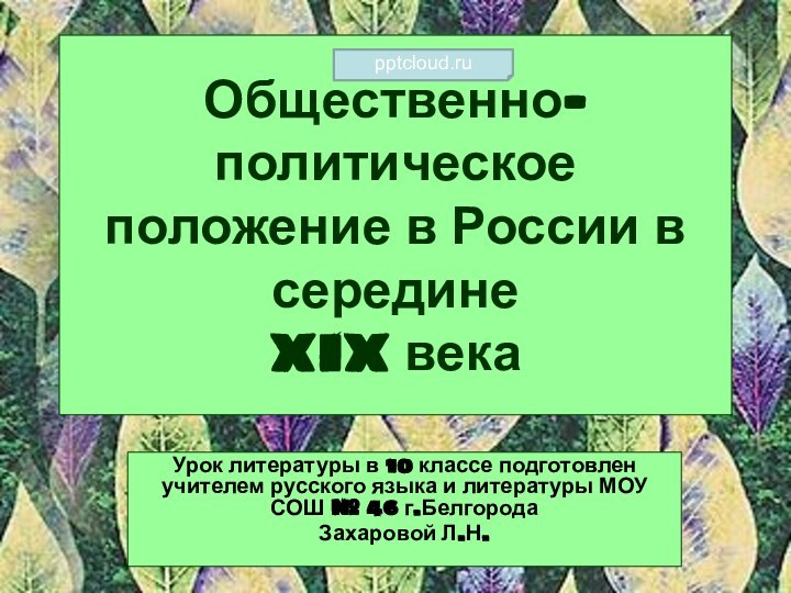 Общественно-политическое положение в России в середине  XIX векаУрок литературы в 10