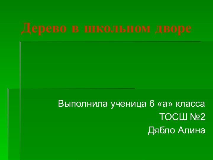 Дерево в школьном дворе Выполнила ученица 6 «а» классаТОСШ №2 Дябло Алина