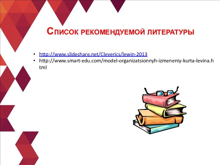 Список рекомендуемой литературыhttp://www.slideshare.net/Cleverics/lewin-2013http://www.smart-edu.com/model-organizatsionnyh-izmeneniy-kurta-levina.html