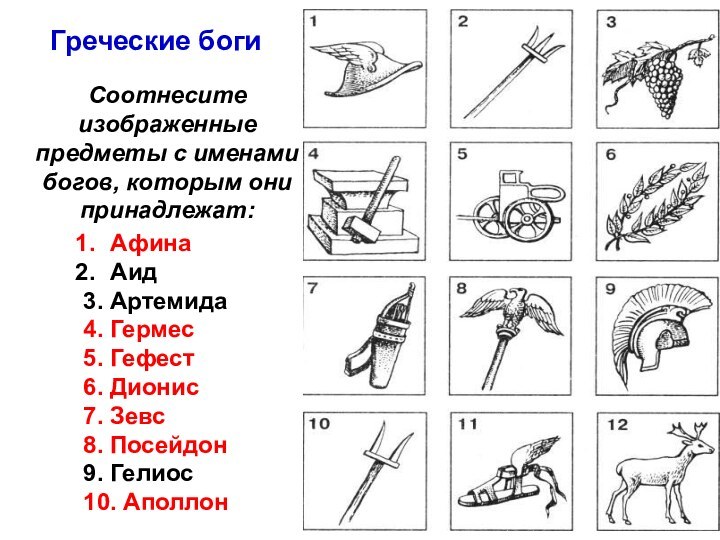 АфинаАид3. Артемида4. Гермес5. Гефест6. Дионис7. Зевс8. Посейдон9. Гелиос10. АполлонСоотнесите изображенные предметы с