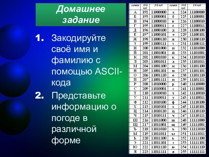 Домашнее заданиеЗакодируйте своё имя и фамилию с помощью ASCII-кодаПредставьте информацию о погоде в различной форме