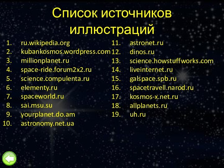 Список источников иллюстрацийru.wikipedia.orgkubankosmos.wordpress.commillionplanet.ruspace-ride.forum2x2.ruscience.compulenta.ruelementy.ruspaceworld.rusai.msu.suyourplanet.do.amastronomy.net.uaastronet.rudinos.ruscience.howstuffworks.comliveinternet.rugalspace.spb.ruspacetravell.narod.rukosmos-x.net.ruallplanets.ruuh.ru