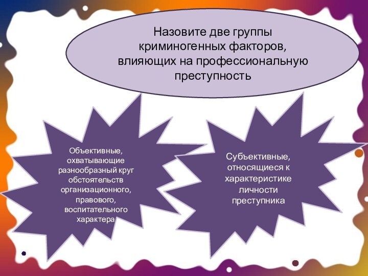 Объективные, охватывающие разнообразный круг обстоятельств организационного, правового, воспитательного характераНазовите две группы криминогенных