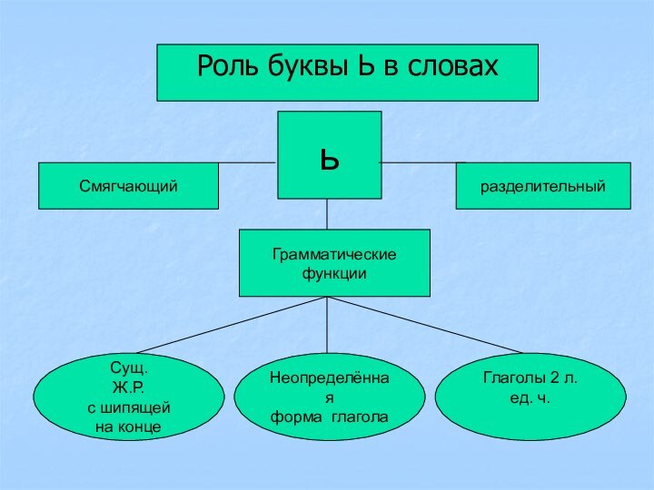 ьСмягчающий Грамматические функцииразделительныйСущ.Ж.Р.с шипящейна конце Неопределённая форма глаголаГлаголы 2 л.ед. ч.Роль буквы Ь в словах