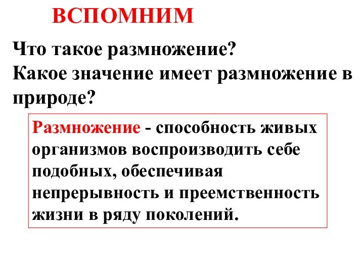 Размножение - способность живых организмов воспроизводить себе подобных, обеспечивая непрерывность и преемственность