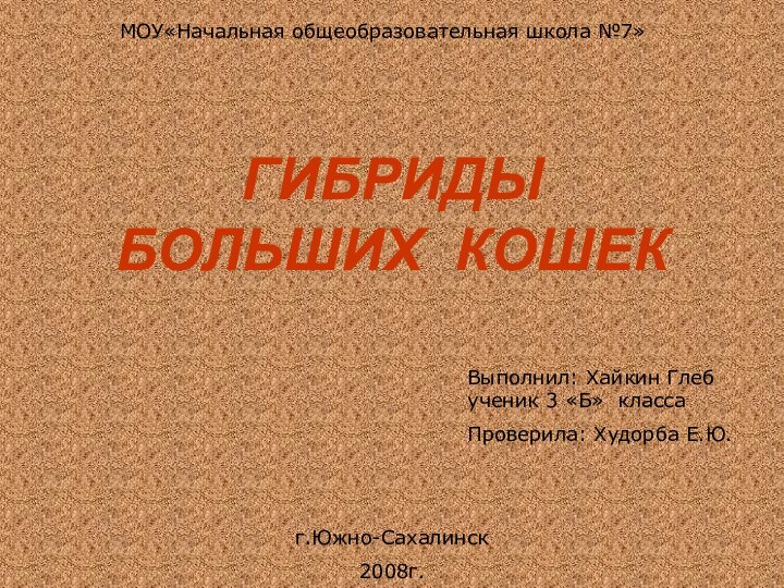 МОУ«Начальная общеобразовательная школа №7»г.Южно-Сахалинск2008г.Выполнил: Хайкин Глеб ученик 3 «Б» классаПроверила: Худорба Е.Ю.ГИБРИДЫ БОЛЬШИХ КОШЕК