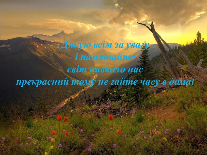 Дякую всім за увагу  і памятайте світ навколо нас прекрасний тому