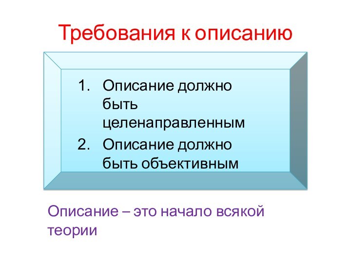 Требования к описаниюОписание должно быть целенаправленнымОписание должно быть объективнымОписание – это начало всякой теории