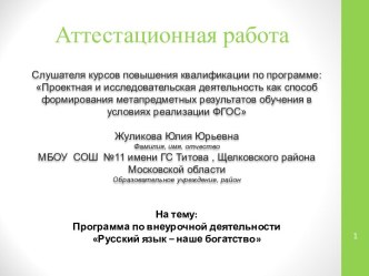 Аттестационная работа. Программа по внеурочной деятельности Русский язык – наше богатство