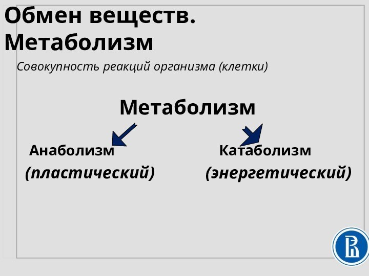 Обмен веществ. МетаболизмСовокупность реакций организма (клетки)Метаболизм  Анаболизм