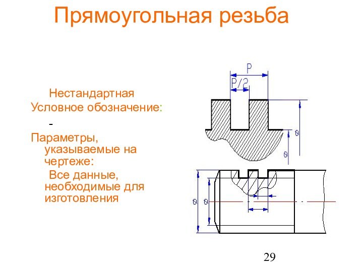 Прямоугольная резьба	Нестандартная Условное обозначение:	- Параметры, указываемые на чертеже:	Все данные, необходимые для изготовления