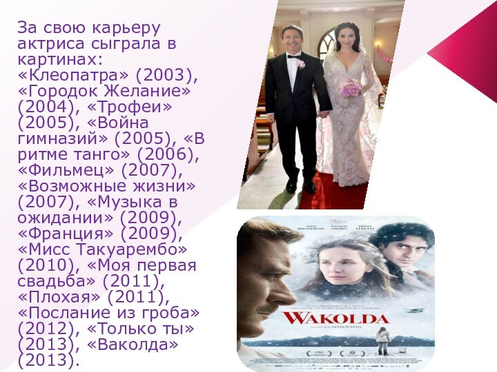 За свою карьеру актриса сыграла в картинах: «Клеопатра» (2003), «Городок Желание» (2004),