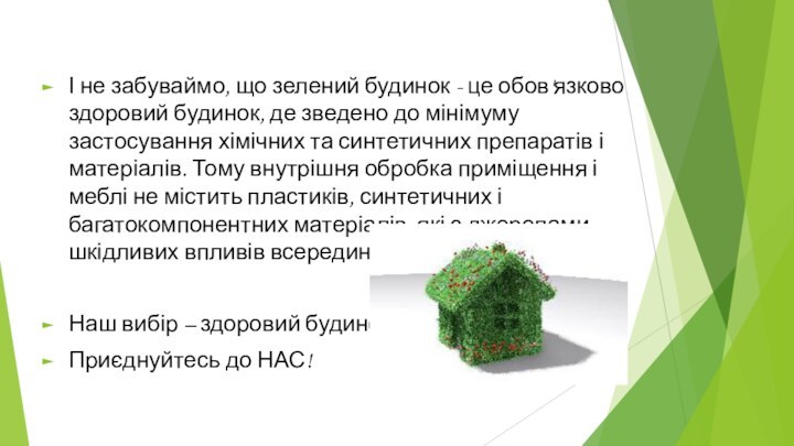 І не забуваймо, що зелений будинок - це обов'язково здоровий будинок, де