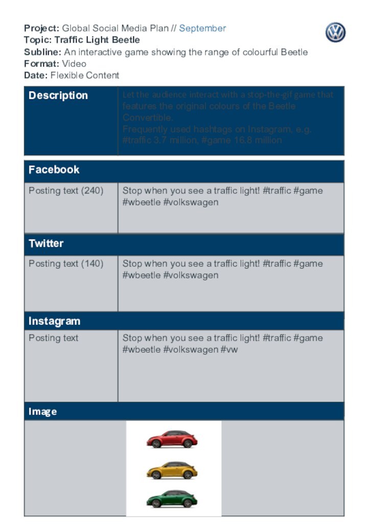 Project: Global Social Media Plan // September  Topic: Traffic Light Beetle