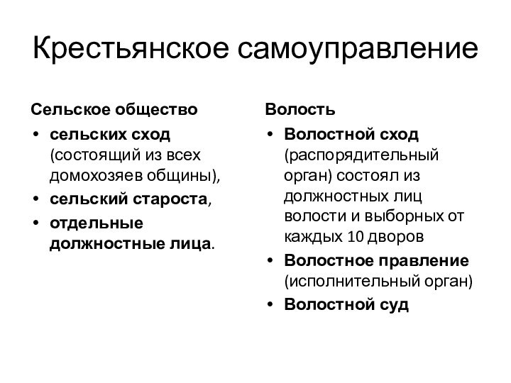 Крестьянское самоуправлениеСельское обществосельских сход (состоящий из всех домохозяев общины), сельский староста, отдельные