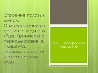 Строение половых клеток. Оплодотворение и развитие плодного яйца. Критические периоды развития. Плацента, плодные оболочки