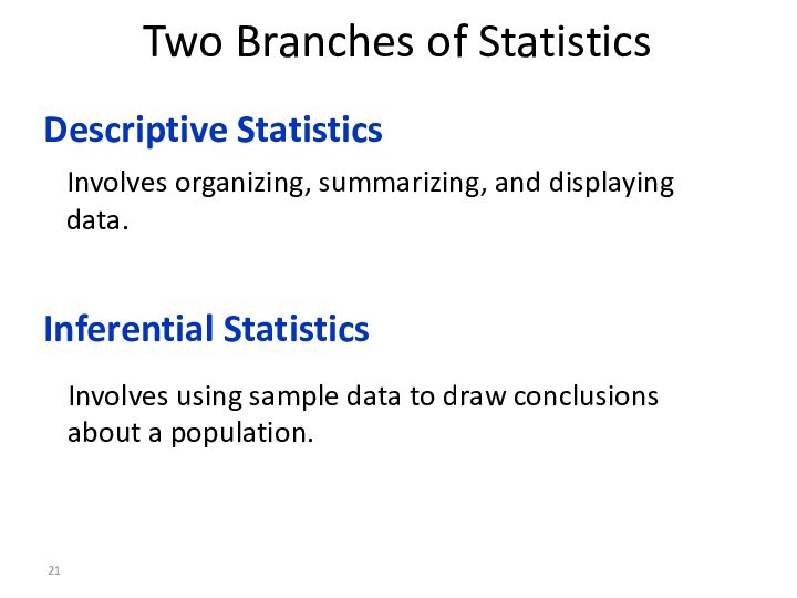 Inferential Statistics Two Branches of Statistics Descriptive Statistics Involves organizing, summarizing,