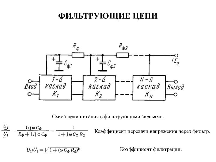 ФИЛЬТРУЮЩИЕ ЦЕПИСхема цепи питания с фильтрующими звеньями.Коэффициент передачи напряжения через фильтр.Коэффициент фильтрации.