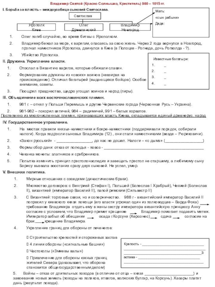 Владимир Святой (Красно Солнышко, Креститель) 980 – 1015 гг.I. Борьба за власть