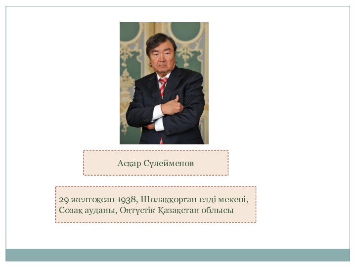 29 желтоқсан 1938, Шолаққорған елді мекені, Созақ ауданы, Оңтүстік Қазақстан облысыАсқар Сүлейменов