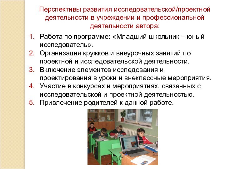 Перспективы развития исследовательской/проектной деятельности в учреждении и профессиональной деятельности автора:Работа по программе: