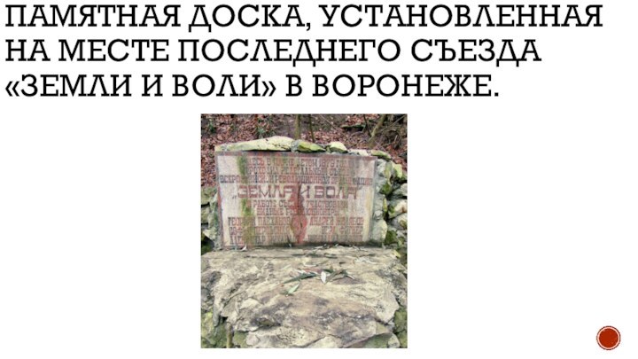 ПАМЯТНАЯ ДОСКА, УСТАНОВЛЕННАЯ НА МЕСТЕ ПОСЛЕДНЕГО СЪЕЗДА «ЗЕМЛИ И ВОЛИ» В ВОРОНЕЖЕ.