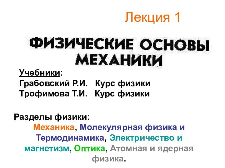 Лекция 1  Учебники:Грабовский Р.И.  Курс физикиТрофимова Т.И.