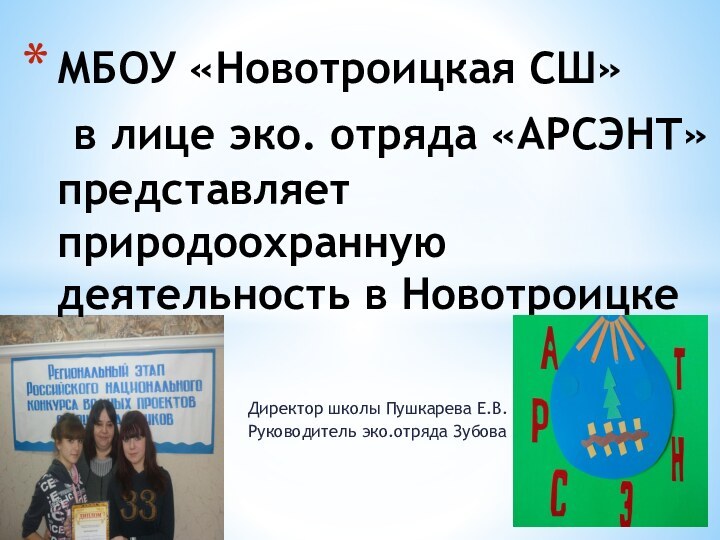 Директор школы Пушкарева Е.В.Руководитель эко.отряда Зубова Н.Е.МБОУ «Новотроицкая СШ»  в лице