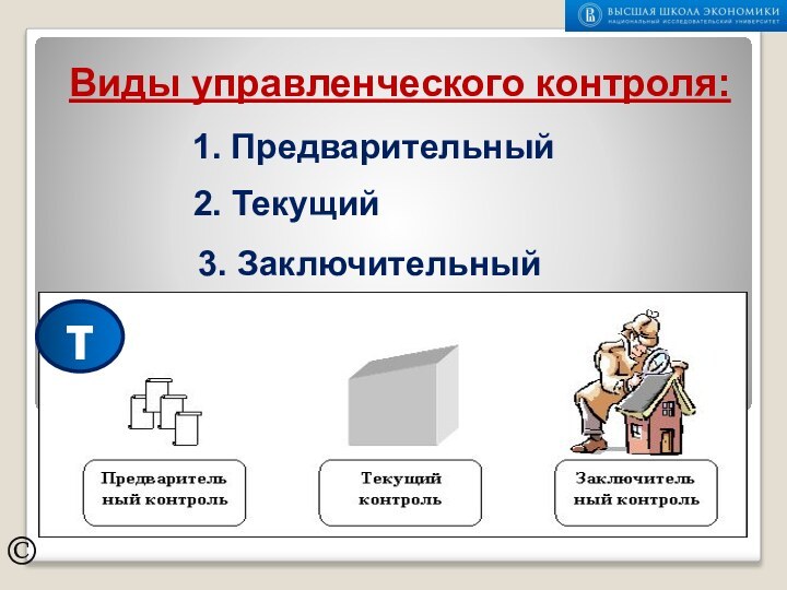 Виды управленческого контроля:©1. Предварительный 2. Текущий3. Заключительныйτ