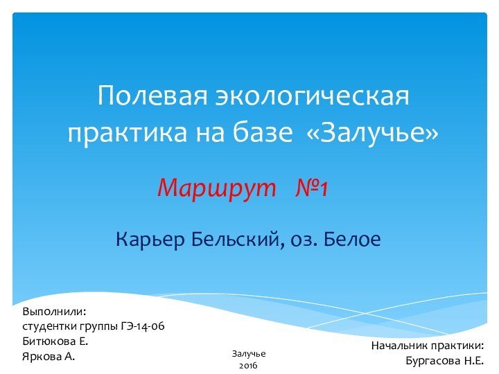 Полевая экологическая практика на базе «Залучье»Маршрут  №1Карьер Бельский, оз. БелоеЗалучье2016Выполнили:студентки группы